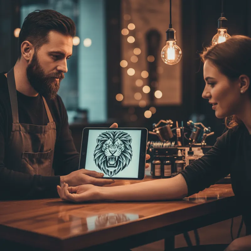 Tattoo artist reviewing an AI-generated tattoo design reference on tablet in studio