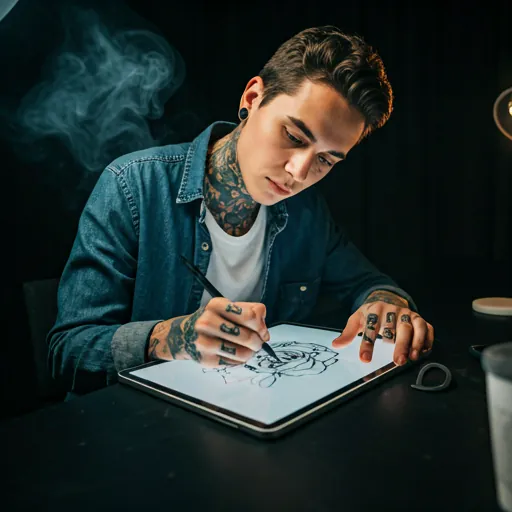 Tattoo artist using INKAI AI tattoo design tool on tablet
